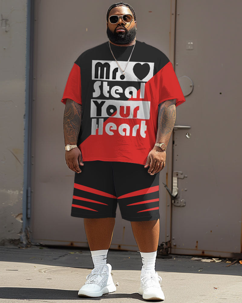 Men's Plus Size Street Casual Colorblock Steal Your Heart Letter Print T-Shirt Shorts Suit