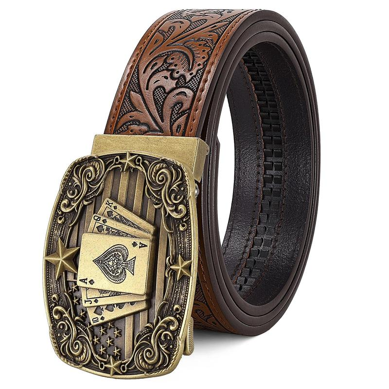 Unisex Western Cow Hide Embossed Leather Ratchet Belt with Automatic Buckle
