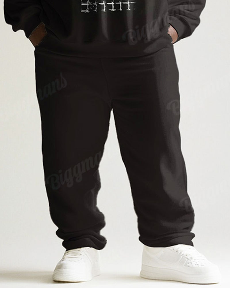 Men's Simple Black Retro Pattern Musical Instrument Print Plus Size Round Neck Sweatshirt Suit