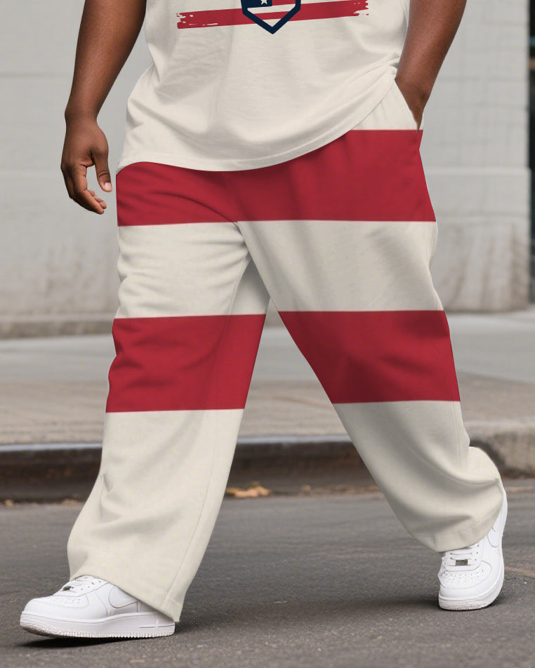 Big Men's Outdoor America First Splicing Stripes Style Casual Short Sleeve T-shirt Pants Suit