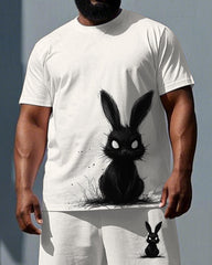 Men's Simple Cartoon Rabbit Print Big & Tall Summer Stretchy Short-Sleeve T-shirt Shorts Set