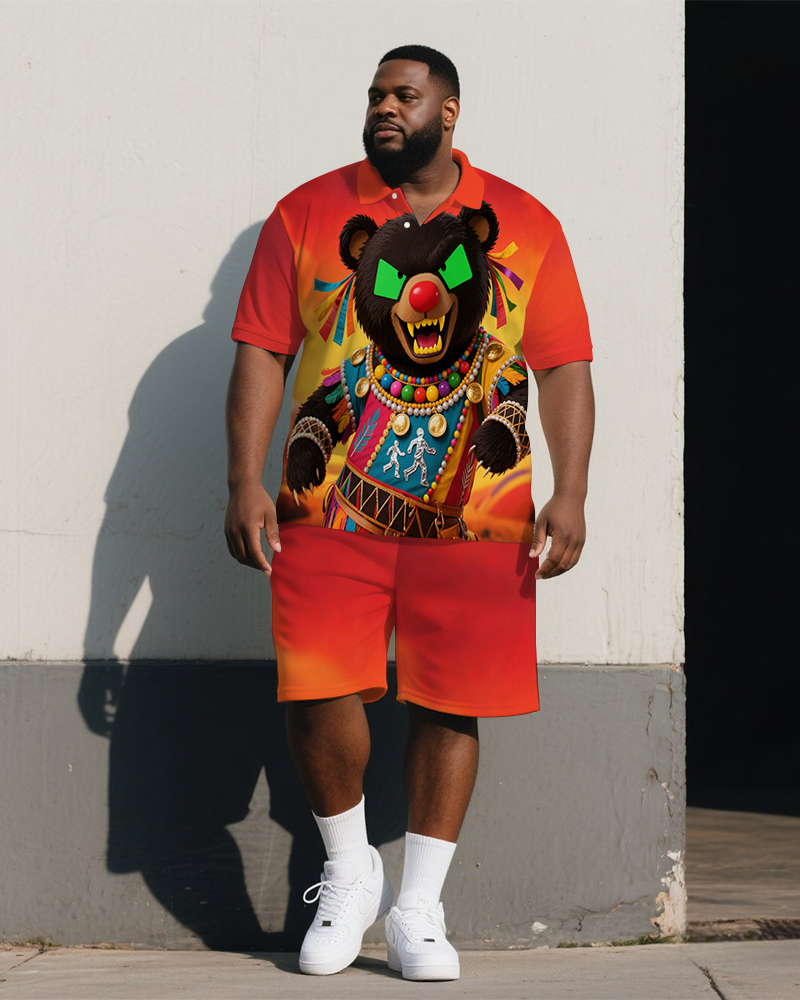 Big Man's Summer Ethical Fun Bear Cartoon Gradient Short-Sleeve Polo Shirt & Shorts Set