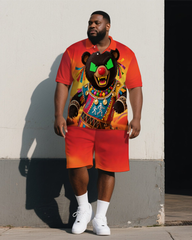 Big Man's Summer Ethical Fun Bear Cartoon Gradient Short-Sleeve Polo Shirt & Shorts Set