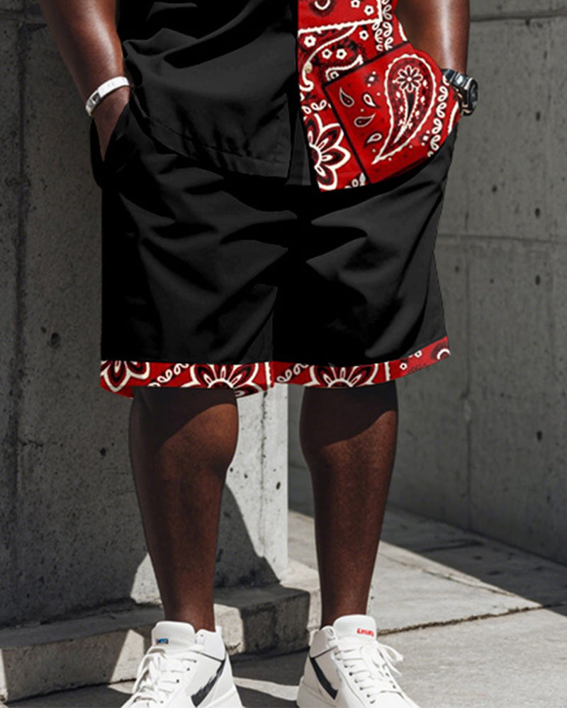 Men's Plus Size Street Fashion Paisley Colorblock Black Red Print Shirt Shorts Suit