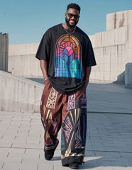 Plus Size 1 L-9L Men's Trendy Fashion Street Color Printed Casual Short-sleeved T-shirt Pants Suit