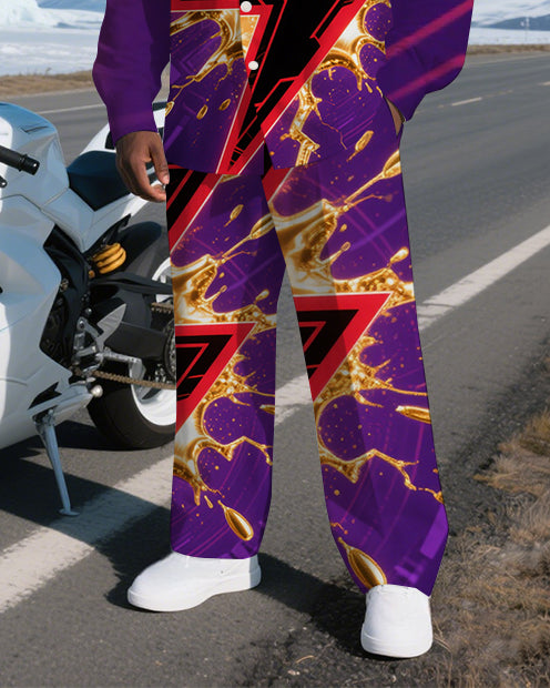 Big Men's Daily Casual Bursting Lightning Abstract Printed Long Sleeve Shirt Pants 2-Piece Set