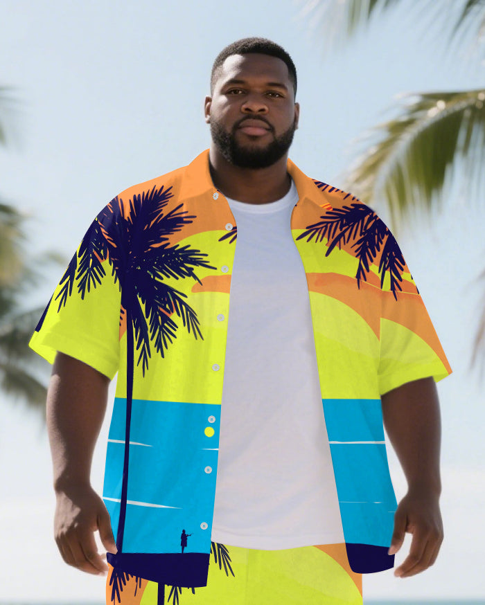 Big Men's Hawaii Theme Splicing Coconut Trees Comic Style Short Sleeve Shirt Shorts Suits
