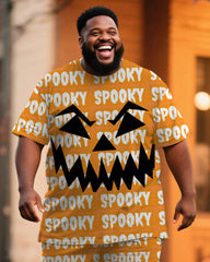 Big & Tall Men's Halloween SPOOKY Pumpkin Lantern Printed T-Shirt Trousers Suit