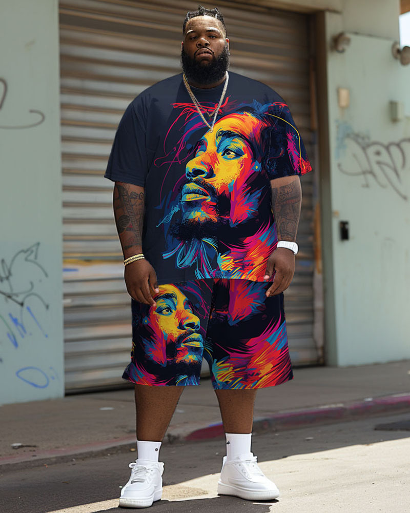 Men's Big & Tall Street Fashion Pop Art Tribute Singer Print T-Shirt Shorts Set