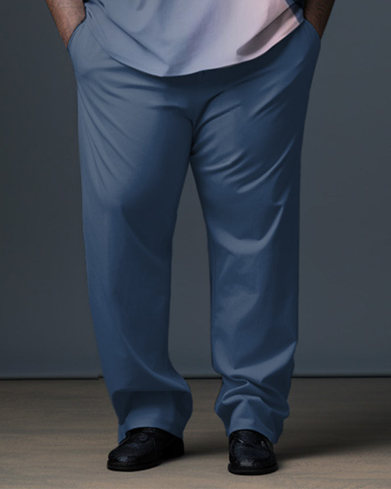Big Men's Blue Gradient Gentleman Business Polo Zipper Shirt and Pants Two-piece Set