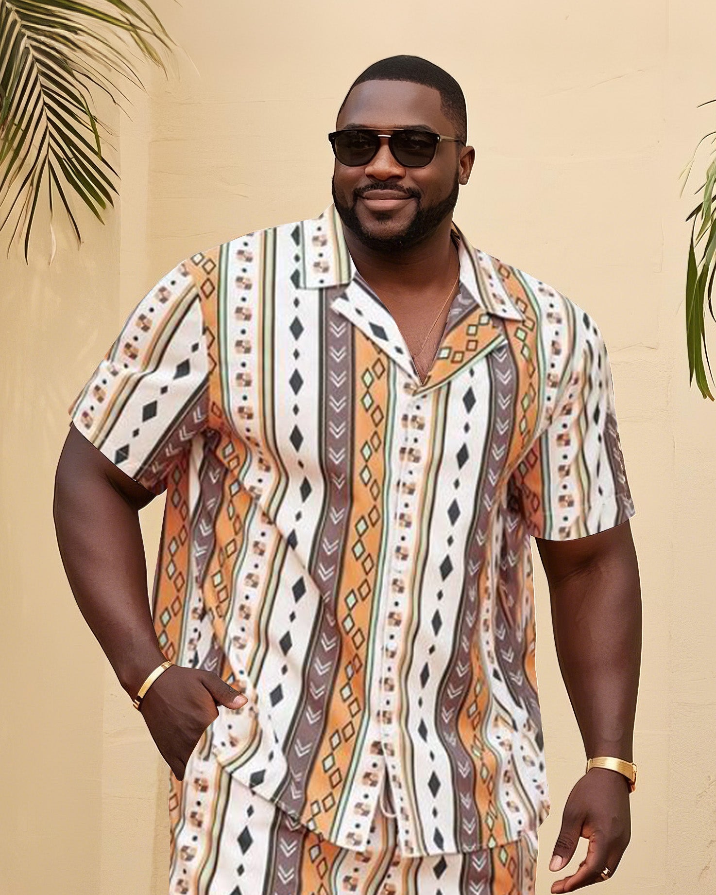 Big Man's Confident Daily Casual/Holiday Vacation Diamond Color Block Printed Short Sleeve Shirt Shorts Suit