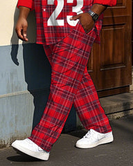 Big Men's Gentlemen Style 23 Red Plaid Printed Daily Casual Long Sleeve Shirt Pants Set