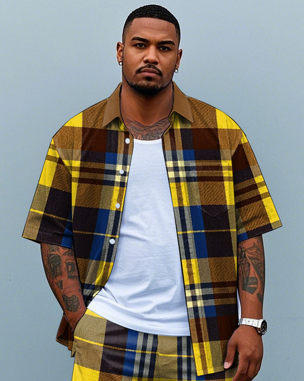 Big Men's Retro Fashion Yellow Plaid Printed Pocket Short Sleeve Shirt and Shorts Set