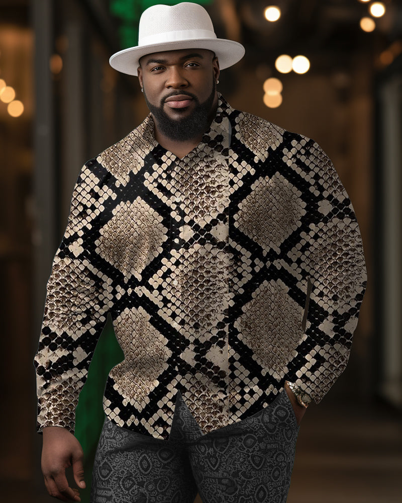 Men's Large Size Casual Snakeskin Colorblock Textured Long Sleeve Lapel Long Sleeve Shirt