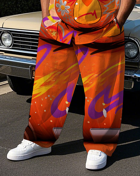 Big and Tall Men's Fashion Serious Bear Graffiti Printed Lapel Long Sleeve Shirt Pants Set