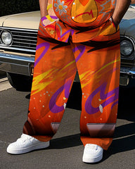 Big and Tall Men's Fashion Serious Bear Graffiti Printed Lapel Long Sleeve Shirt Pants Set