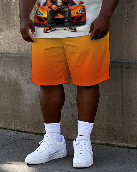 Big Men's Gradient Hip Hop GradientCartoon Cool Bear & Sports Car Printed Short Sleeve T-shirt Shorts Set