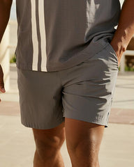 Big & Tall Men's Business Grey Stripe Print Short Sleeve Zip Polo Shirt Shorts Suit