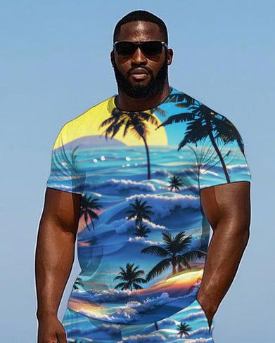 Big Men's Hawaiian Seaside Sunset Coconut Trees Printed Short Sleeve T-shirt and Shorts Set
