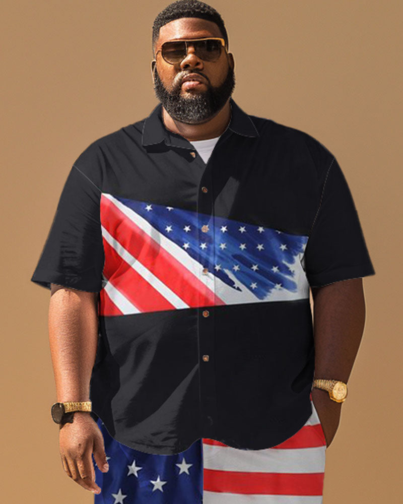Men's Plus Size Independence Day Flag Patchwork Printed Short Sleeve Shirt Shorts Suit