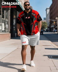 Big & Tall Men's Sports Geometric Alphabet Print Short Sleeve Polo Shirt Shorts Suit