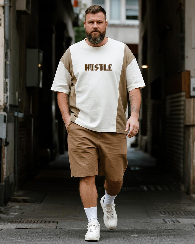 Big & Tall Men's Khaki Stripe HUSTLE Alphabet Print Round Neck Short Sleeve T-Shirt Shorts Suit