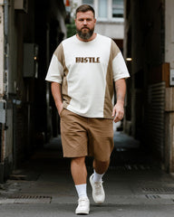 Big & Tall Men's Khaki Stripe HUSTLE Alphabet Print Round Neck Short Sleeve T-Shirt Shorts Suit
