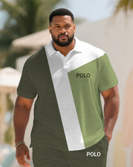 Big & Tall Men's Summer Green & White Striped Polo Short Sleeve Shirt Shorts Suit