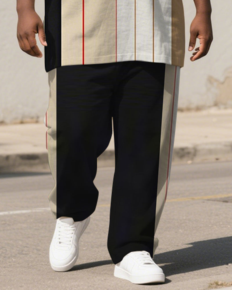 Men's Plus Size Black Khaki Colorblock Stripe Print Henley Collar T-Shirt Trousers Suit