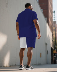 Men's Plus Size Blue & White Irregular Stitching Chest Small Label Printed Short Sleeve Shirt Shorts Suit