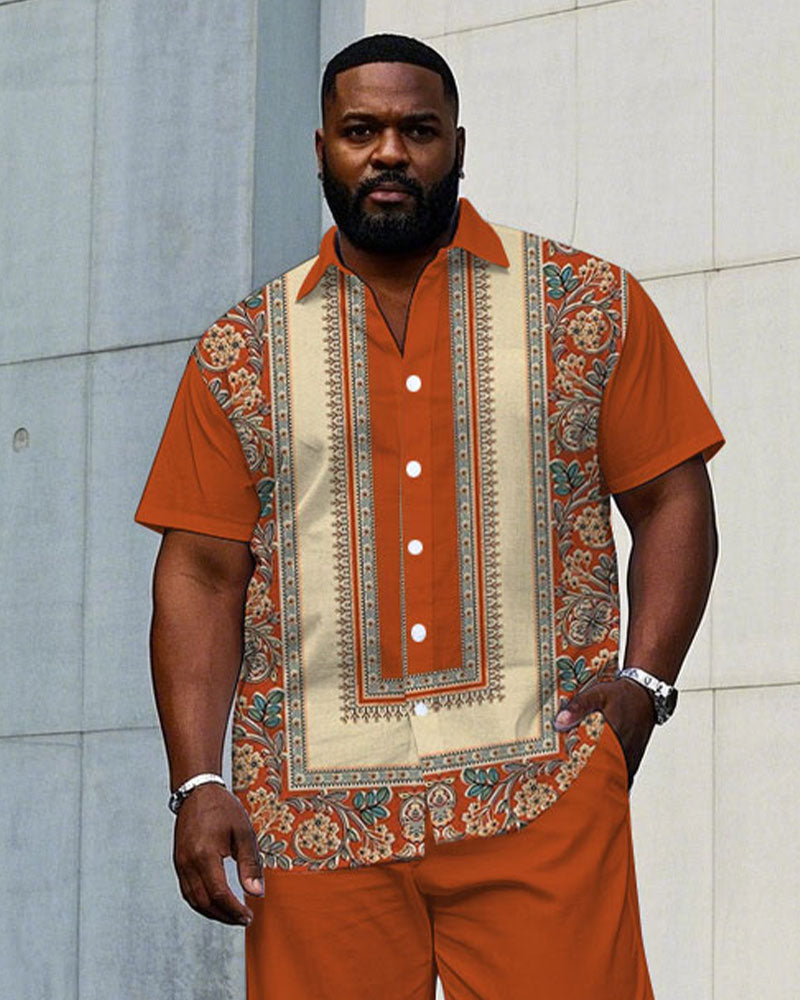 Men's Plus Size Baroque Pattern Symmetrical Short Sleeve Shirt Trousers Suit