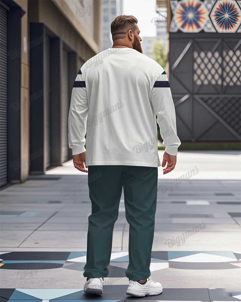Men's Plus Size Green Stripe Alphabet Print Long Sleeve T-Shirt Trousers Suit