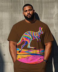 Big Men's Casual Animal World Colorful Kangaroo Printed Crew Short Sleeve T-shirt Pants Set