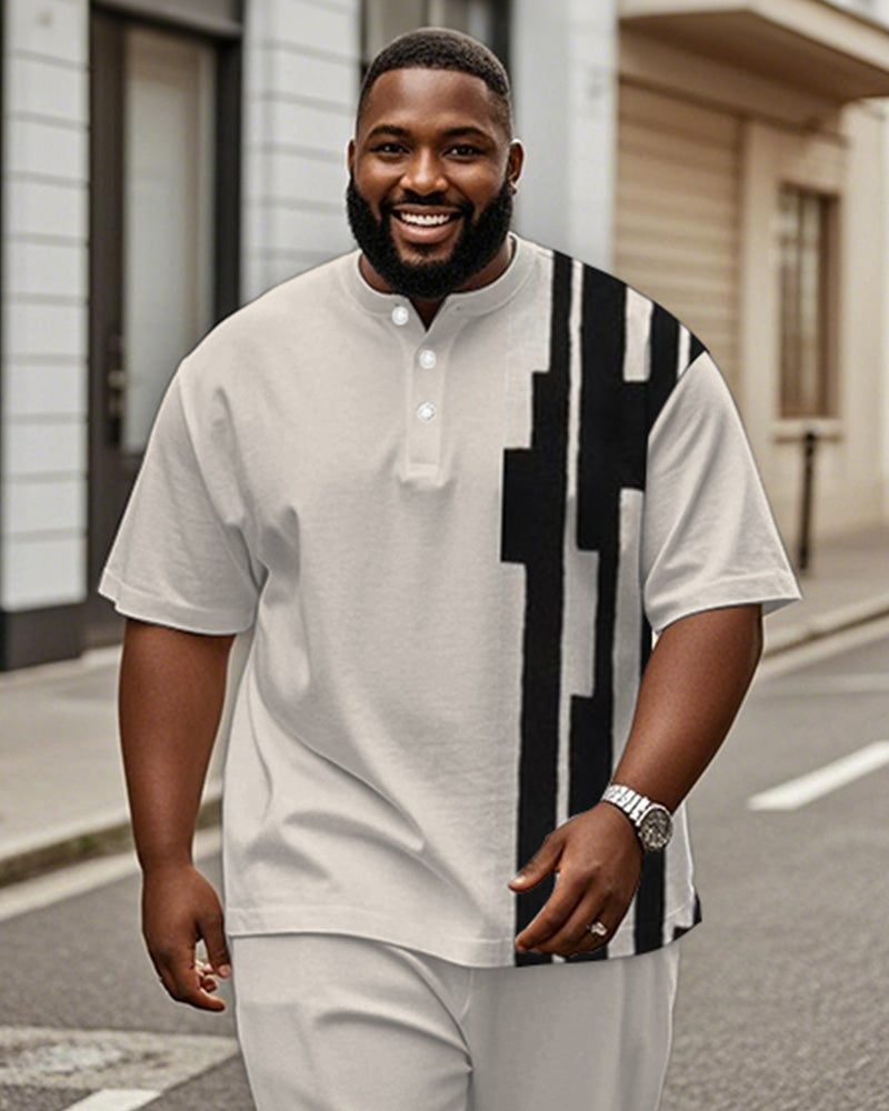 Men's Plus Size Black Apricot Colorblock Geometric Print Henry Collar T-Shirt Trousers Suit