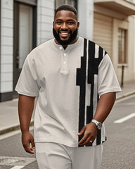 Men's Plus Size Black Apricot Colorblock Geometric Print Henry Collar T-Shirt Trousers Suit