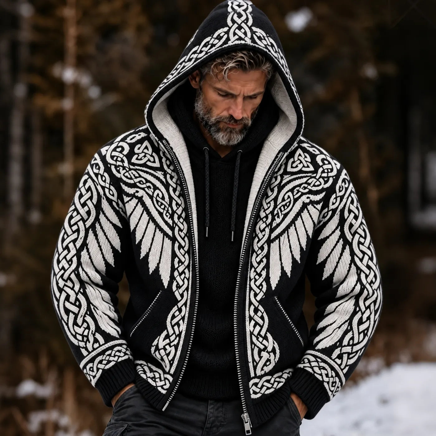 Men's Vintage Wings Art Cozy Warm Knitted Jacquard Zipper Hooded Sweater