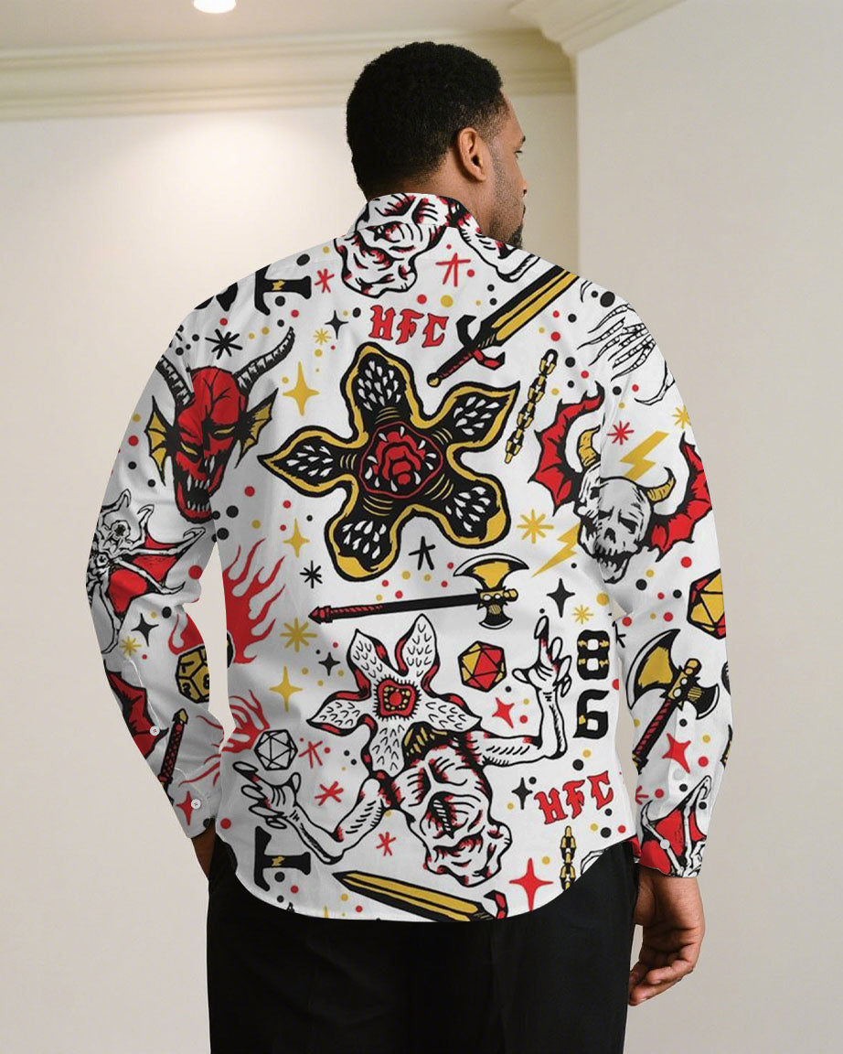 Big & Tall Men "Halloween White Cartoon Skull Holiday Long Sleeve Shirt