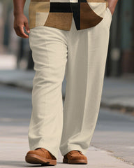 Men's Plus Size Simple Khaki Brown Color Block Print Short Sleeve Shirt Trousers Suit