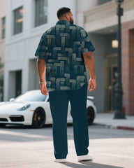 Men's Plus Size Green Business Irregular Linear Short Sleeve Shirt Pants Suit