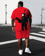 Men's Simple Punk Style Funny Robot Back Print Casual Short-Sleeve T-shirt and Shorts Big & Tall Set