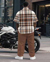 Men's Plus Size Business Brown Classic Plaid Print Short Sleeve Shirt Trousers Suit