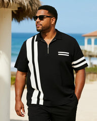 Big & Tall Men's Business Black Stripe Print Short Sleeve Zip Polo Shirt Shorts Suit