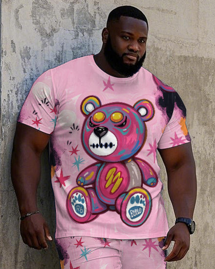 Big Men's Hip Hop Street Fashion Graffiti Bear Printed Casual Short Sleeve T-shirt Shorts Set