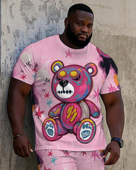 Big Men's Hip Hop Street Fashion Graffiti Bear Printed Casual Short Sleeve T-shirt Shorts Set