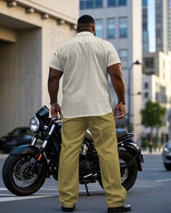 Men's Plus Size Fashion Apricot Striped & Yellow Striped Patchwork Short Sleeve Shirt Pants Suit