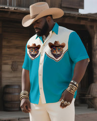 Big & Tall Men's Western Style Color Matching Casual Cat Printing-short Sleeve Shirt Pants Suit