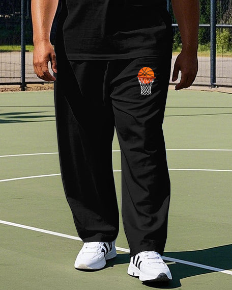 Big Men's Simple Basketball and Electrocardiogram Printed Casual Short Sleeve T-shirt Pants Set