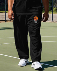 Big Men's Simple Basketball and Electrocardiogram Printed Casual Short Sleeve T-shirt Pants Set