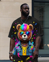 Men's Splash Graffiti Cool Bear Printed Street Fashion Short Sleeve T-shirt Pants 2-Piece Set