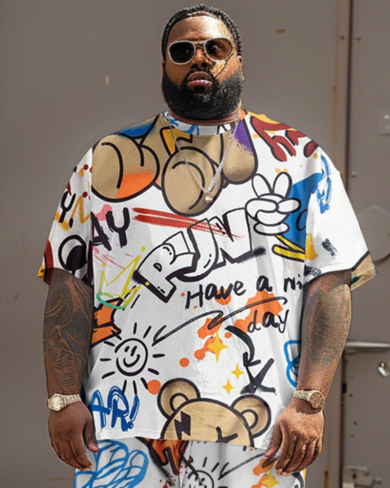 Men's Plus Size Graffiti Bear Print T-Shirt and Shorts 2 Piece Set